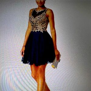 Xscape Women Blue Fold Embroidered cutout fit & flare dress size 2